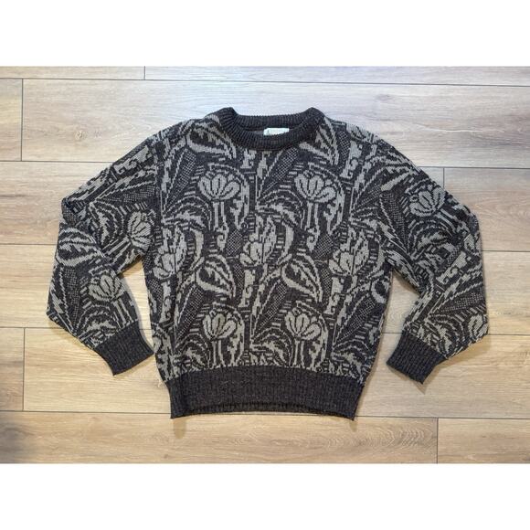 Vintage 80s Grandpacore Knit Sweater Brown Floral Medium London Fog USA Unisex - Picture 11 of 11